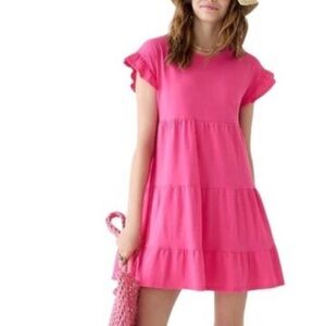 J. Crew Tiered Dress in Broken In Jersey‎ Pink Ruffle Sleeve Tiered cons